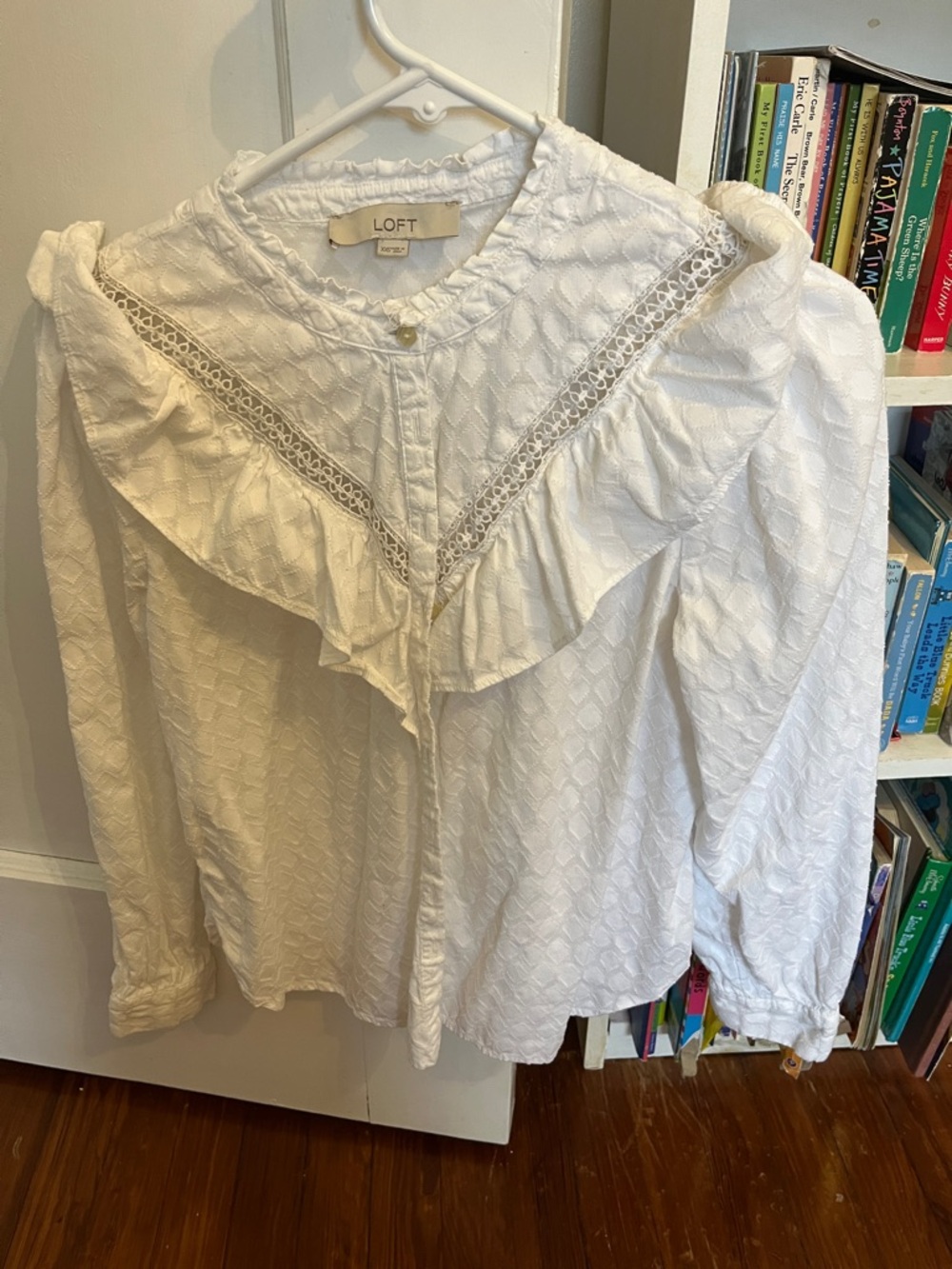 LOFT White Ruffle & Lace Trim Long-Sleeve Blouse
